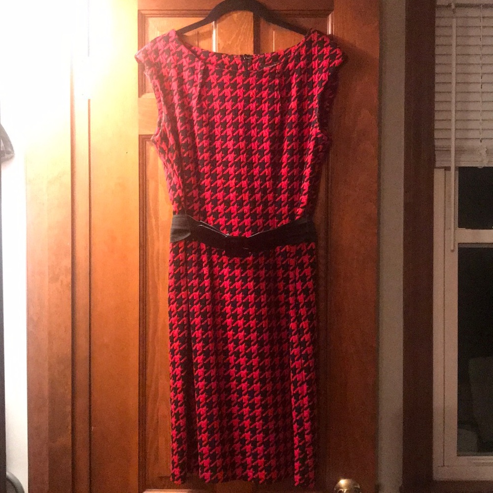 Red and black houndstooth dress with belt